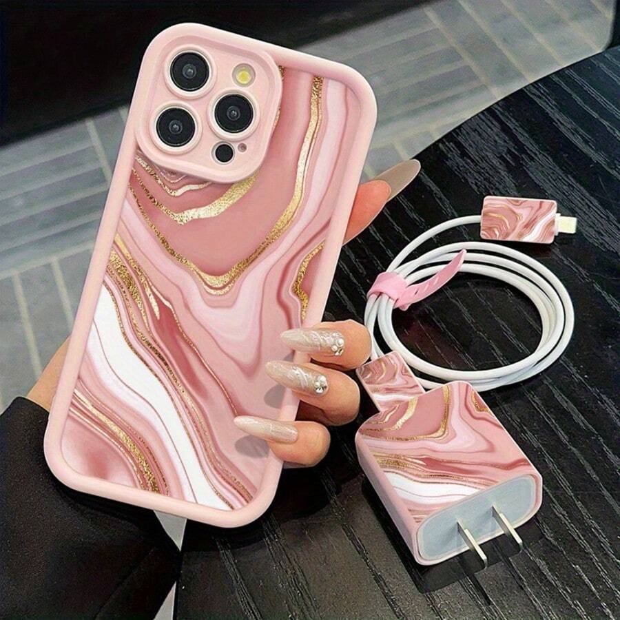 5-In-1 Pink Marble Gradient Pattern Phone Case Set: Phone Case + Charger Head Cover + Cable Protector + Storage Cord, Shock-Proof TPU Protection For Apple Phones - Multicolor - View 1