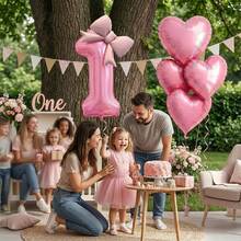 8pcs Pink Bow Foil Balloons With Heart Balloons Set, Suitable For Birthday Party Decoration, Baby Shower, Wedding - View 2