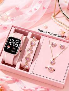 6pcs/Set Pink Girls Sports Electronic Watch Square And Heart Rhinestone Jewelry Set, Casual, Holiday Gift - Pink - View 8