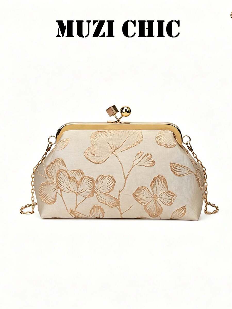 Stylish Floral Jacquard Evening Bag, Formal Clutch Purse With Kiss-Lock Closure & Gold Chain, Lightweight & Refined, Perfect For Pairing With Evening Gowns, Cocktail Dresses, And Vintage-Inspired Looks, Great For Special Occasions. - Gold - View 1
