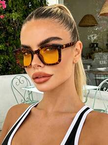1pc Thick Frame Leopard Print Contrast Color Rivet Decor Women's Fashion Glasses, Tortoiseshell, European & American Style, Suitable For Autumn/Winter Daily Matching, Versatile Design - Multicolor - View 6
