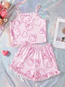 Cute Girls Summer Casual Home Wear 2pcs Set, Pink Heart Rabbit Pattern Tank Top And Shorts, Suitable For Summer Home Wear - Pink - View 2