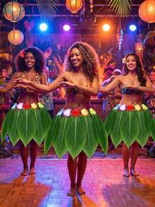 1pc Hawaiian Leaf Hula Skirt With Flowers,Soft Breathable Adjustable Artificial Green Leaf Skirts Decor,Suitable For Hawaiian Themed Parties, Beach Parties, Luau Parties And Masquerades,Ideal Gifts For Family Friends - View 2