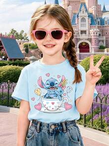 Girls' Disney Lilo & Stitch T-Shirt, Featuring Stitch And Scrump In A Teacup With Hearts, Balloons And Sparkles Print, Light Blue Casual Cotton Short Sleeve Tee For Fans And Everyday Wear, Ideal For Disney Trips And Gifts - Baby Blue - View 2