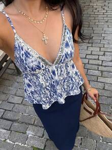 女款亮片裝飾滿版印花露背細肩帶背心與純色裙 2 件套 - 藏蓝色 - 查看 3