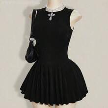 Yunuo Menswear  Vestido mini de verano para mujer de unicolor con cuello redondo y bajo plisado - Blanco - Ver 6