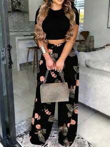 Conjunto de Top corto con estampado floral y pantalones largos con estampado de plantas para mujeres, para primavera/verano - Negro - Ver 5