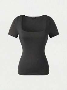 Square Neck Blouse With Short Sleeves, Versatile And Stylish Casual Wear For Everyday Use, Spring/Summer Clothing - Abu-abu - View 6