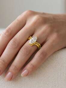 1 pieza Anillo de mujer de material de cobre color dorado con diseño ovalado exquisito, adecuado para vacaciones, fiestas, atuendo diario, accesorio de fiesta - Dorado - Ver 2