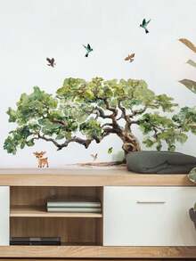 1pc Dense Tree With Green Leaves, Birds, And Cute Deer Wall Sticker, Removable Decal For Bedroom, Living Room, Entryway - 1PC - View 1