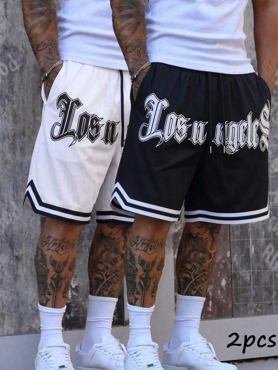 2件裝男款LA印花網眼短褲,彈性腰帶抽繩寬鬆海灘夏季服飾,透氣街頭風短褲,送給男性的完美父親節禮物 - 彩色 - 查看 1