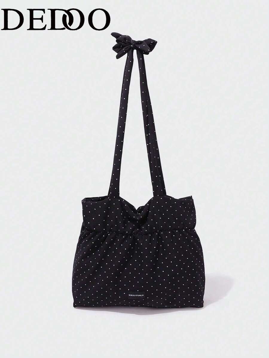 Dedoo Bolso de lona con lunares, bolso de hombro plegable de gran capacidad, adecuado para estudiantes, diseño de cordón con nubes arrugadas, estilo coreano