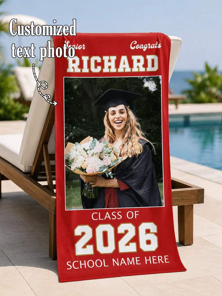 Personalized Graduation Beach Scarf, With Customizable School Name And Photo, Class Of 2026, Customized University Pool Scarf - Multicolor - View 1
