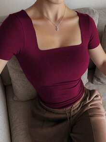 Blusa de manga corta y cuello redondo casual y elegante, adecuada para uso diario, ir al trabajo y salir, primavera/verano - color ciruela - Ver 2