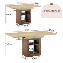 Extendable Wood-Effect Dining Table With Storage Space, Two Sizes 130cm/160cm, Walnut-Colored MDF Frame, With Removable Compartments, Suitable For Small Apartments And For 4 To 8 People. - 自然色 - 查看 6