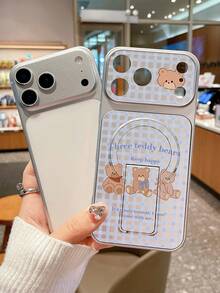 1pc Cute 3 Teddy Bears Print Magnetic Stand Phone Case, Anti-Drop Protective Cover, With Magnetic Stand For Convenient Viewing, Video Calls And More, Soft Girly Style, Perfect Gift For Girls And Students On Birthdays / Daily Occasions, Compatible With IPhone Cases & Galaxy Cases - Silver - View 3