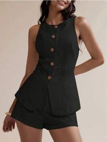 2026 Luxury Linen French Relaxed Suit Set – Sleeveless Blazer Vest & Slit Shorts Two Piece - 黑色 - 查看 6