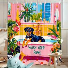 1件裝 Wash Your Paws 羅特威勒犬浴缸熱帶植物印花防水浴簾，防霉聚酯纖維浴室隔簾附掛鉤，趣味寵物狗愛好者浴室居家裝飾 - M - 查看 6
