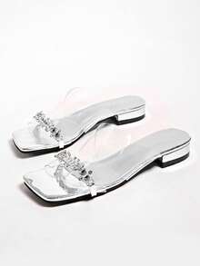 Mules rétro françaises à bout ouvert, sandales d'été à enfiler, talons hauts à talon épais - Argent - Voir 4