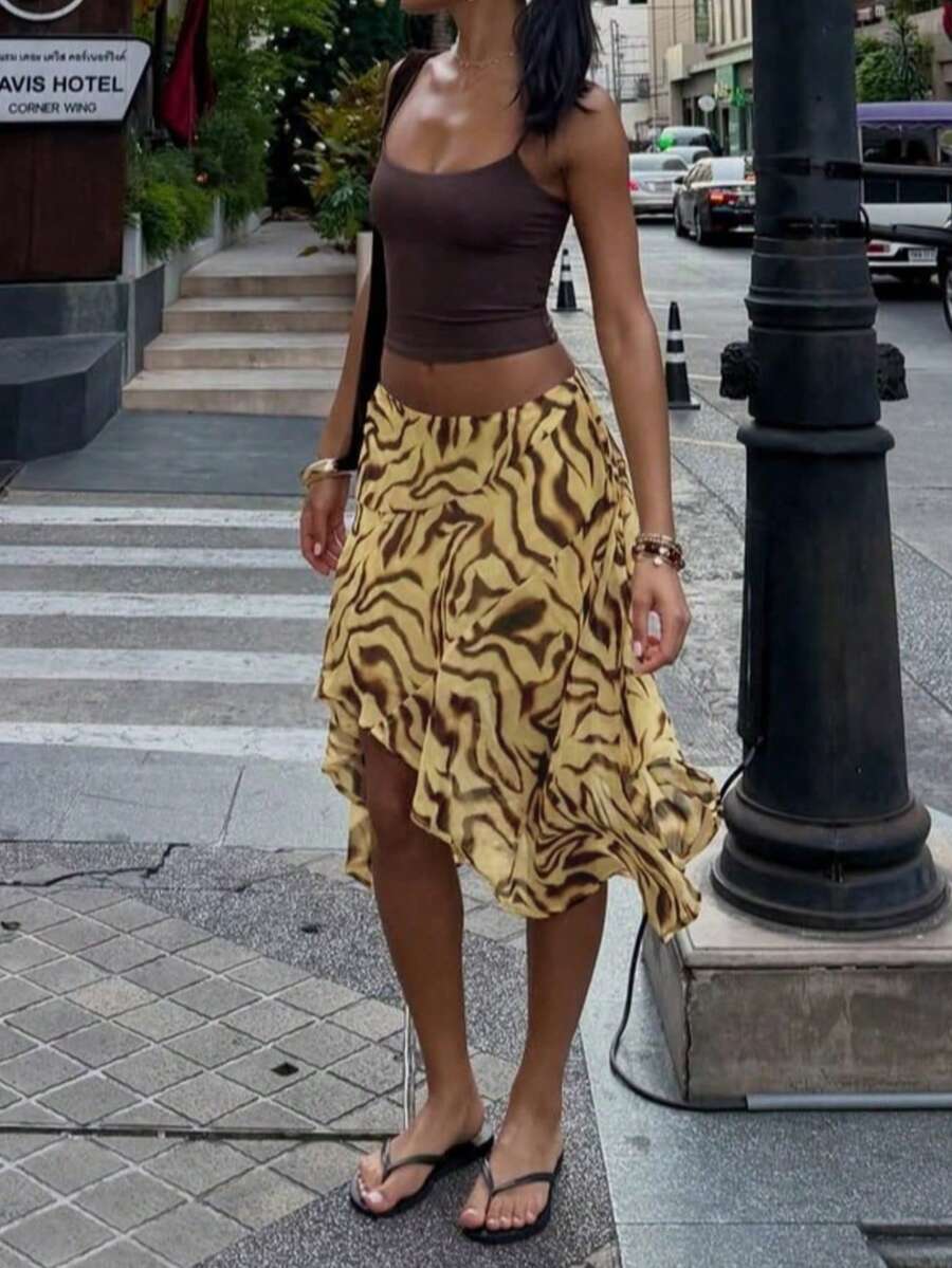 女款時尚夏季波西米亞風不對稱下擺波浪印花及膝洋裝，優雅性感，適合海灘、度假、約會 - 黃色 - 查看 1