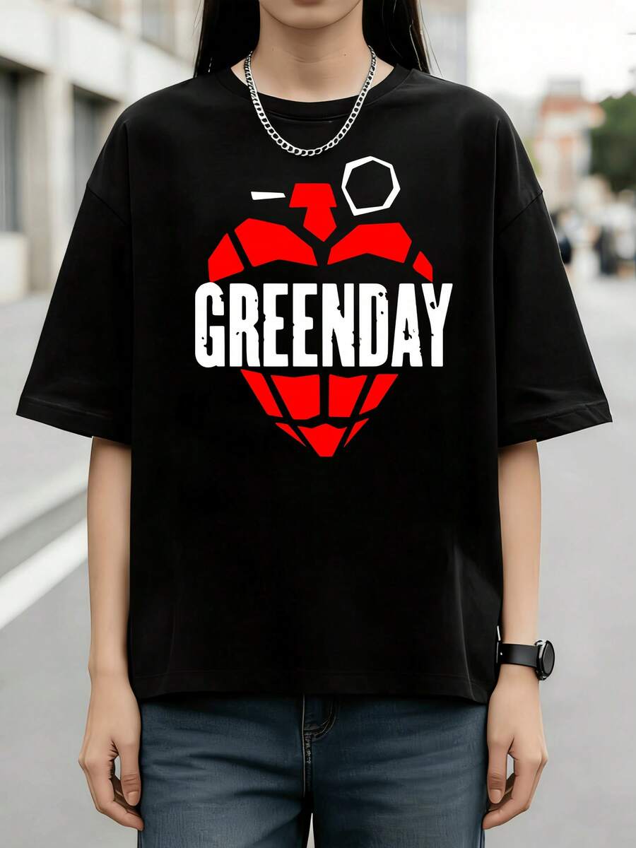 Punk Rock Geometric Logo Graphic Cotton Summer T-Shirt - Black - View 1