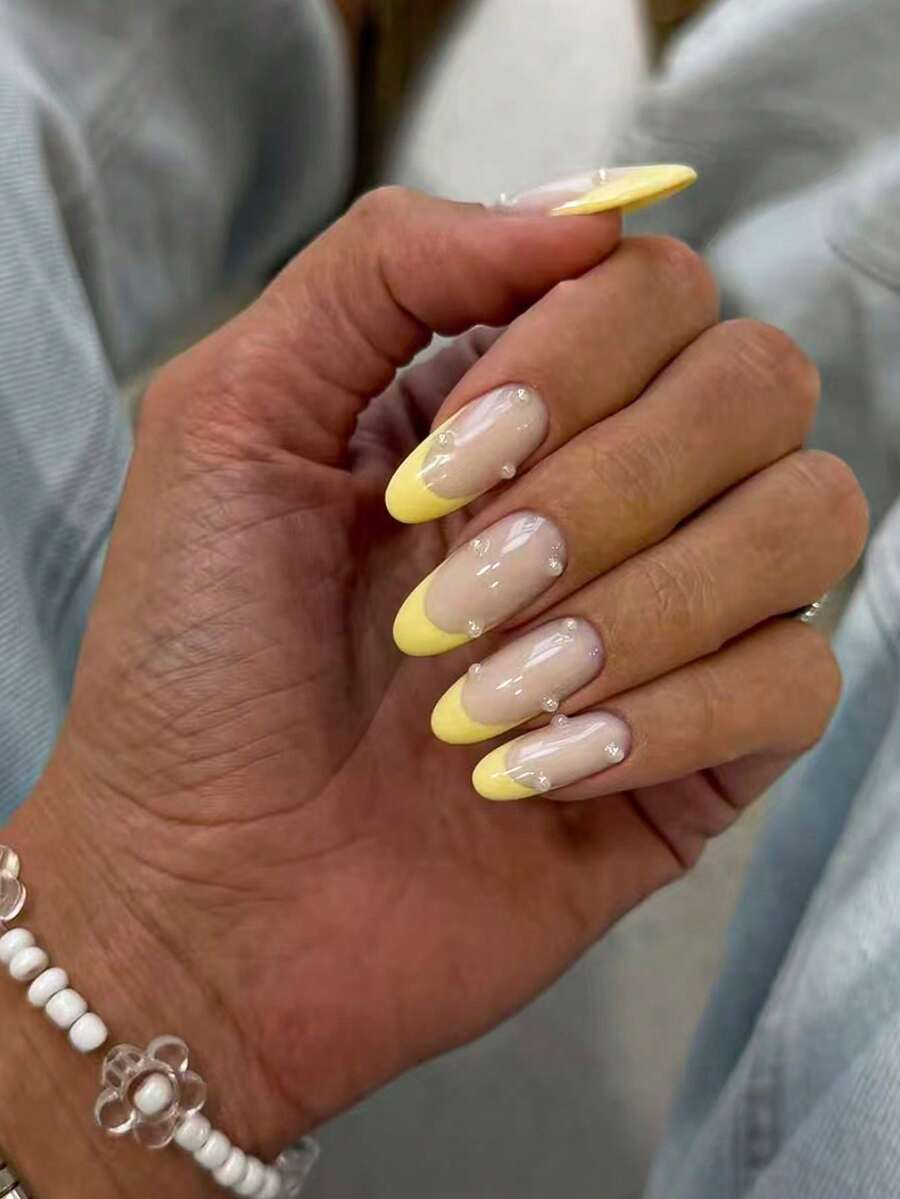 10pcs Handmade Press-On Nails, Short Summer Y2K Style White And Yellow Nails, Translucent White Almond Shape With Bright Yellow French Tips And Tiny Pearl Accents, Suitable For Daily Wear, Summer Outings And Special Occasions - Yellow - View 1