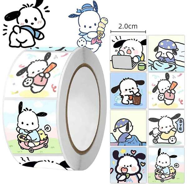 300개 스티커 롤 미니소 산리오 포차코 사각형 카툰 접착 라벨 고품질 종이 부드러운 색상 프린트 매끄러운 표면 강력한 접착력 쉽게 찢어지는 스크랩북 저널링 DIY 공예 플래너 장식 가정 사무실용