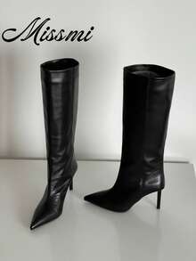 2025 Nouvelles bottes de cavalier mi-mollet à bout pointu et coupe slim, couleur kaki, chaussures pour femmes pour le printemps, l'automne et l'hiver, bottes hautes, bottes à talon bottillon, talons aiguilles - Noir - Voir 4