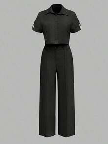 ANCHOSE Conjunto de camisa de mujer de verano con cuello vuelto, botones y mangas con puños + pantalones de cintura alta, elástica y pierna ancha, conjunto de vestimenta casual minimalista y elegante para ir al trabajo - Negro - Ver 2