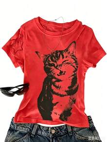 2026 Women's Sports T-Shirts, Short Sleeve Round Neck T-Shirt For Women, Printed, Breathable, Comfortable And Loose Fit, Full Season Fashion. - 紅色 - 查看 1