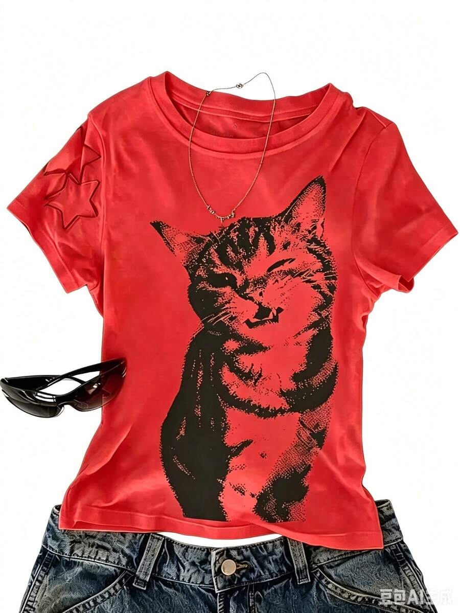 2026 Women's Sports T-Shirts, Short Sleeve Round Neck T-Shirt For Women, Printed, Breathable, Comfortable And Loose Fit, Full Season Fashion. - 紅色 - 查看 1