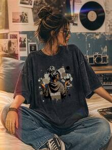 Women's Spring And Summer Printed White T-Shirt With Slogan From The Korean Drama "My Treatment", Stylish And Decent Theme Park Travel Clothes, Ideal For Travel And Tourism, Fashionable Short-Sleeved Round Neck Top. - 黑色 - 查看 2