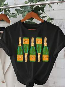 Women's Lightweight And Modern Cotton Summer Clothes, Champagne Bottle Print T-Shirt For Celebrations, Elegant Women's Clothing, Style: Round Neck, Short Sleeves, Loose Fit, For You/My Family/Lover/Friends, Essential Cotton T-Shirt For Daily Wear. - 黑色 - 查看 1