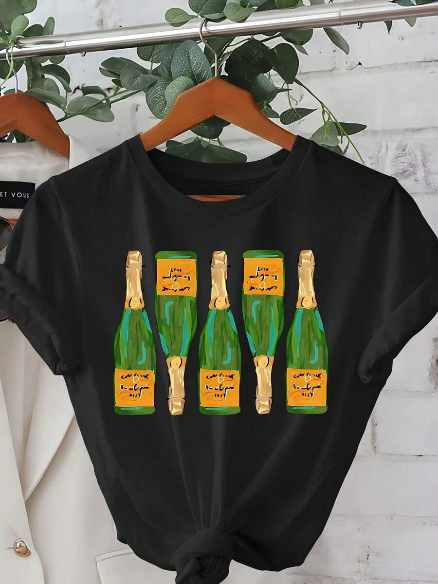Women's Lightweight And Modern Cotton Summer Clothes, Champagne Bottle Print T-Shirt For Celebrations, Elegant Women's Clothing, Style: Round Neck, Short Sleeves, Loose Fit, For You/My Family/Lover/Friends, Essential Cotton T-Shirt For Daily Wear. - 黑色 - 查看 1