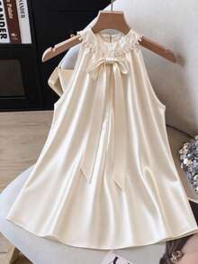 Vuslat Women's Spring/Summer Elegant French Champagne Satin Sleeveless Pearl Bow Tie Short Blouse Shirt, Suitable For Holiday Outfits, Summer Vacation Outfits, Parties, Graduation Ceremonies, Wedding Guests, Office Wear, Summer Outings, Independence Day - Champagne - View 5