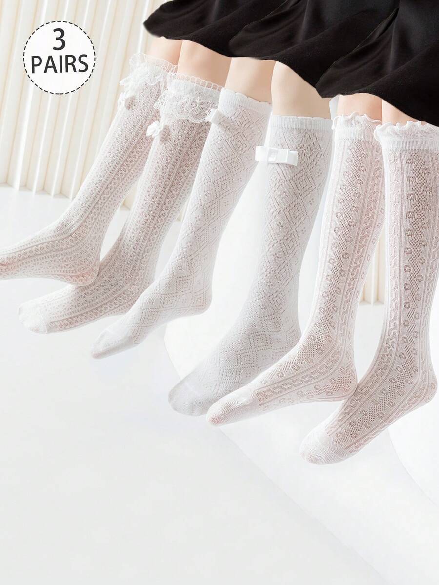 3 双女孩/儿童/婴儿过膝袜,白色纯色、条纹、菱形花纹、编织、蕾丝花边、蝴蝶结、长丝带、系带、直筒款式,可爱公主/学校风格,适合春夏季、日常穿着、派对、节日、返校,搭配皮鞋、运动鞋、乐福鞋 - 彩色 - 查看 1