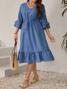 Vestido casual de talla con cintura con cordón y dobladillo con volantes de unicolor - Caqui - Ver 11