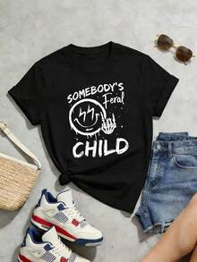 Damen Sommer Lässig Weiches Rundhals Kurzarm T-Shirt, Somebody's Child Grafikdruck Geeignet für Frühling und Sommer. Schwarz - Schwarz - Übersicht 5