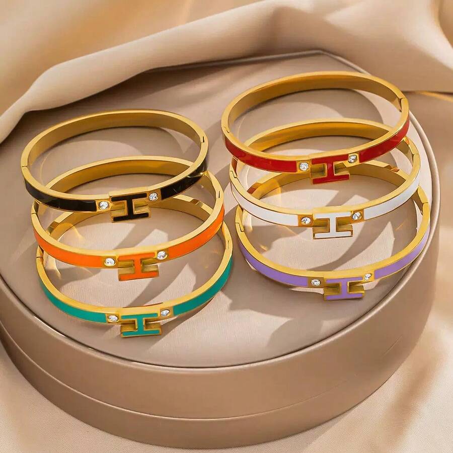 1pc Colorful Drip Oil H Letter Rhinestone Women's Snap Bracelet, Suitable For Gift - Gold H-letter Bracelet - View 1