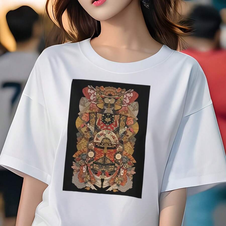 Tシャツ レディース 犬ファン 半袖 春夏 プリント カジュアル かわいい 人間用 派手 個性的 歌舞伎 扇子 日本画 和柄 伝統芸能 - ホワイト357 - チェックする 1