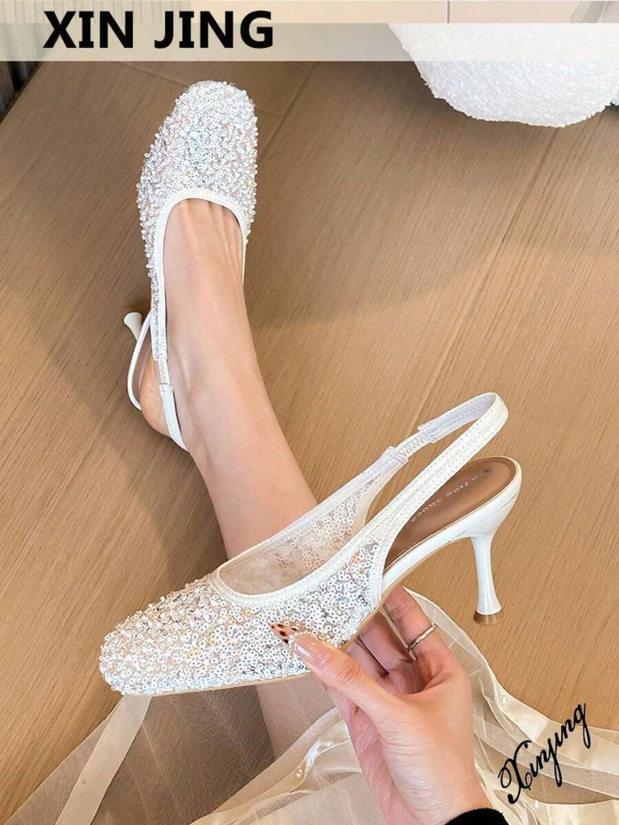 Xin Jing Shoes 女款新款亮片網紗優雅休閒性感派對細高跟鞋，時尚百搭圓頭網布綁帶中跟女士涼鞋，夏季鞋