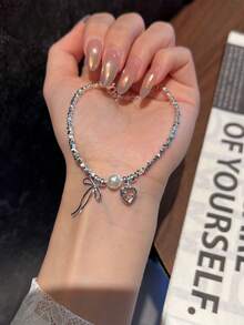 Women Charm Bracelet - Silver - Bow Pearl Necklace - View 21