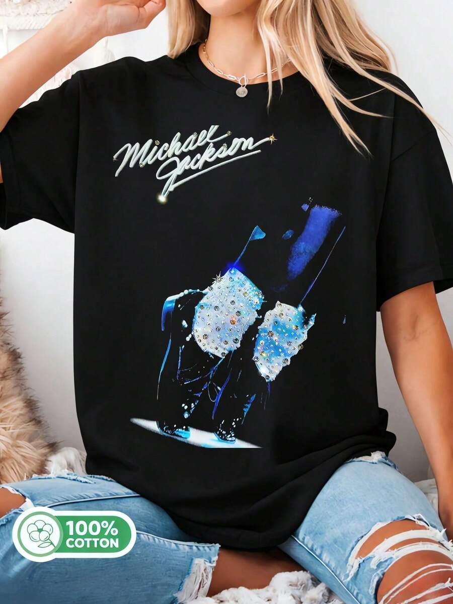 King Of Pop Michaels Jackson Signature Graphic Tee With Glove And Lettering, Oversized Black Design In A Retro Concert Style. - Black - View 1
