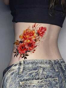 2pcs Waterproof Temporary Tattoo Stickers, Sexy Butterfly & Rose Floral Designs, For Women's Waist & Thigh, Black Butterfly Rose Pattern Paper Tattoo, Applicable For Arms, Legs, Waist, Back, Realistic One-Time Fake Tattoo Stickers - Black - View 2