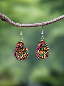 1 Pair Dopamine Rainbow Polka Dot Pattern 316 Stainless Steel Water Drop Earrings, Vintage Minimalist Style Suitable For Women's Daily Wear And Gifts, Elegant Minimalist Jewelry Earrings Suitable For Women's Daily And Holiday Wear - Multicolor - View 2