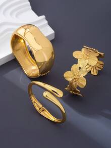 3pcs/Set Gelang Tebal Minimalis Warna Emas dengan Motif Geometris Melengkung Asimetris Bentuk Bunga Tetesan Air Mata, Cocok untuk Wanita, Terbuat dari Logam Padat dan Paduan Seng. - Yellow Gold - View 3