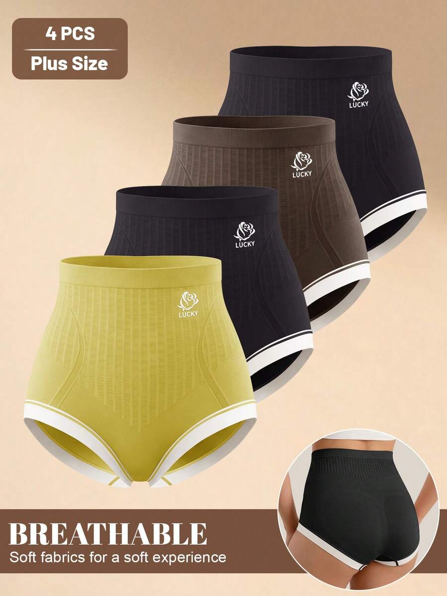 MEIYATING 4pcs Plus Size Women's High Waist Seamless Contrast Color Striped Triangle Panties