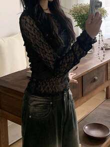 Solid Color Off-Shoulder Long Sleeve Sexy Elegant Hollow Lace Top (No Inner Lining) Casual Black - Black - View 5