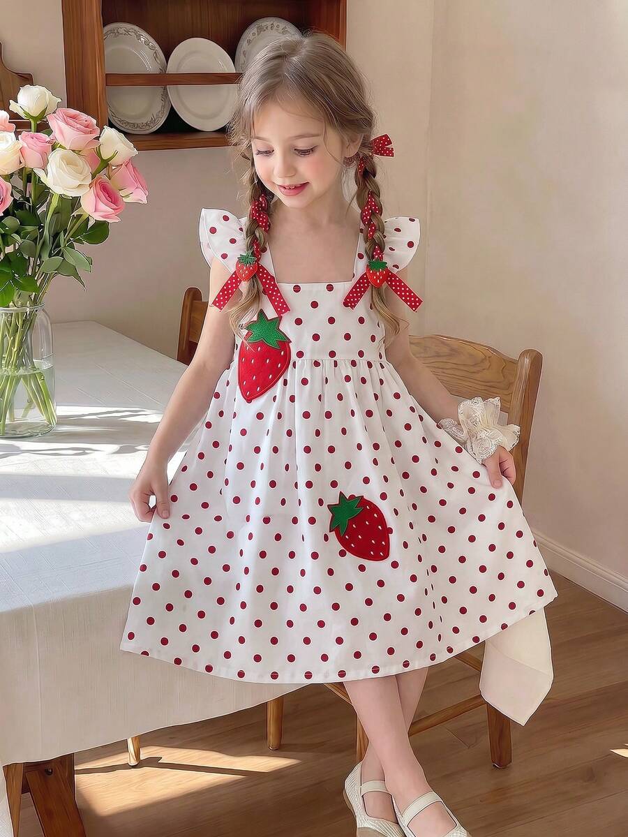 Girls' Summer Flutter Sleeve Square Neck Strawberry Polka Dot Decor Sweet Cute Dress