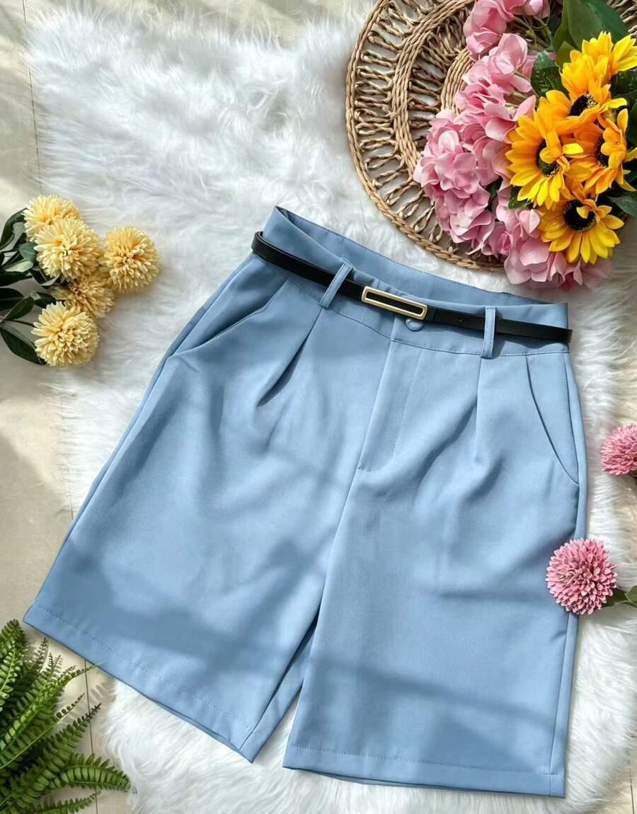Women's Tailored Bermuda Shorts With Belt, Zipper, And Bag - 淺藍色 - 查看 1